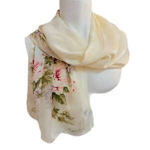 Ralph Lauren Silk Scarf – Ivory with Pink Peonies – Romantic Floral Print – 15”